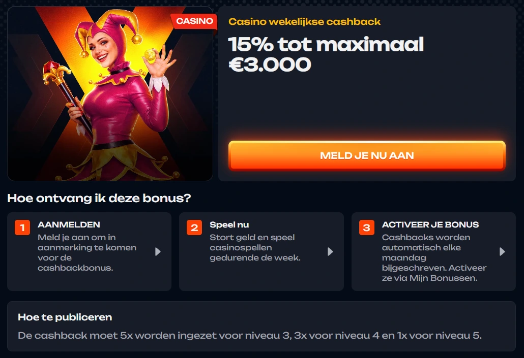 X3Bet Casino cashback van 15% tot maximaal €3.000