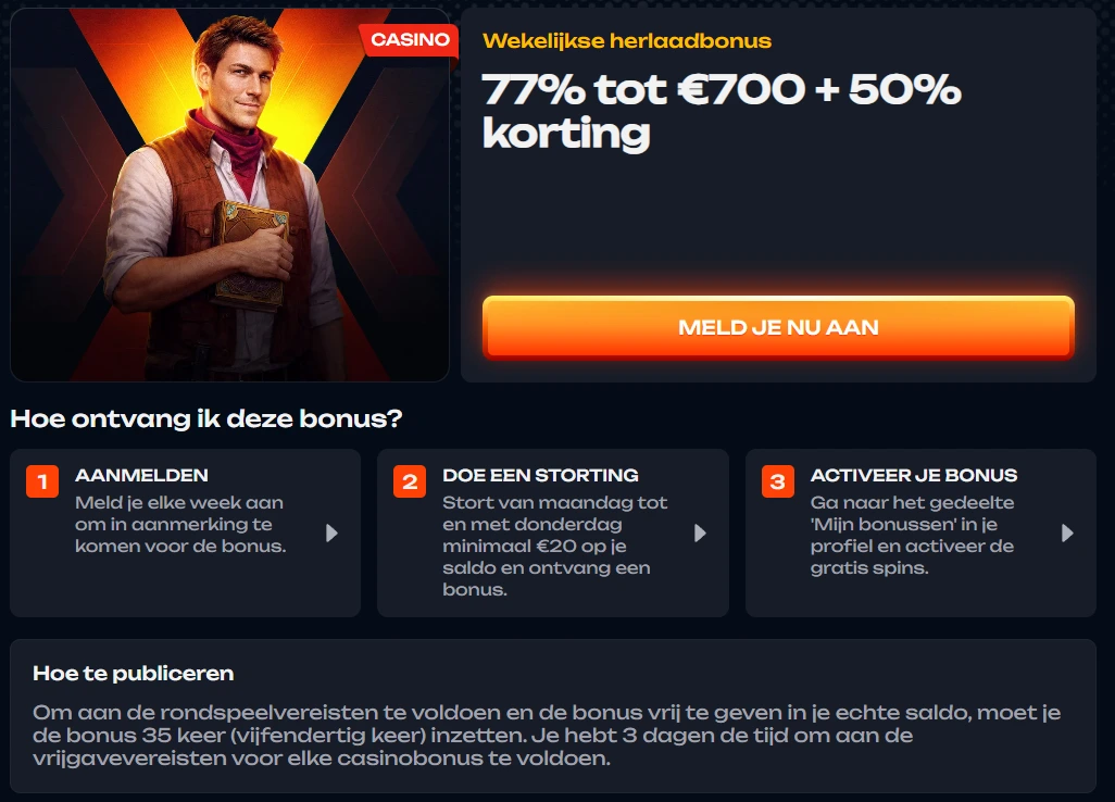X3Bet Casino wekelijkse reloadbonus van 77% tot €700 met 50 gratis spins