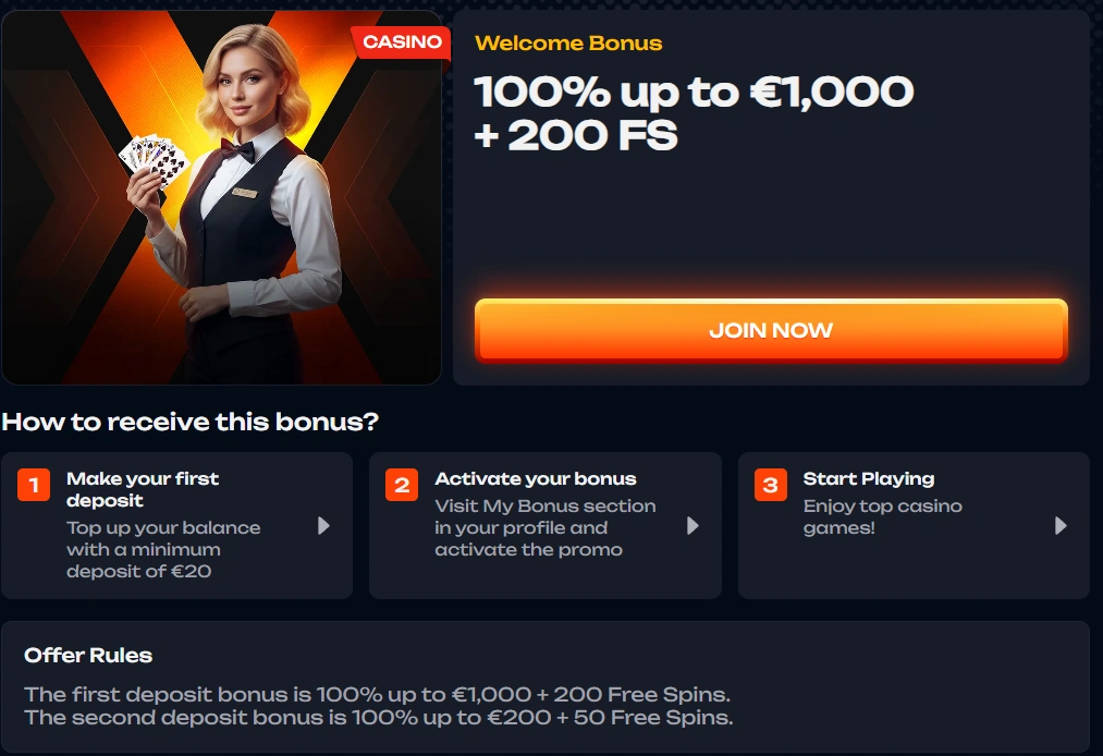 X3Bet Casino welkomstbonus van 100% tot €1.000 met 200 gratis spins