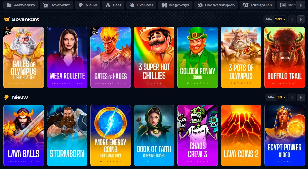 X3Bet Casino overzicht met nieuwe spellen en verschillende spelcategorieën